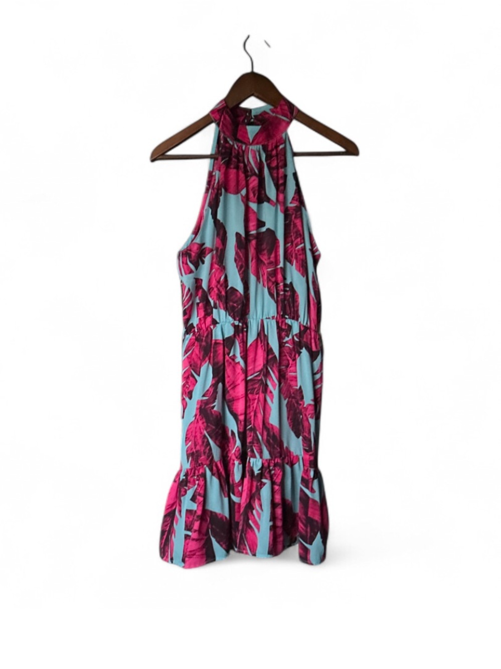 Milk & Honey Boutique Halter Tropical Print Chiffon Dress in Blue and Fuchsia